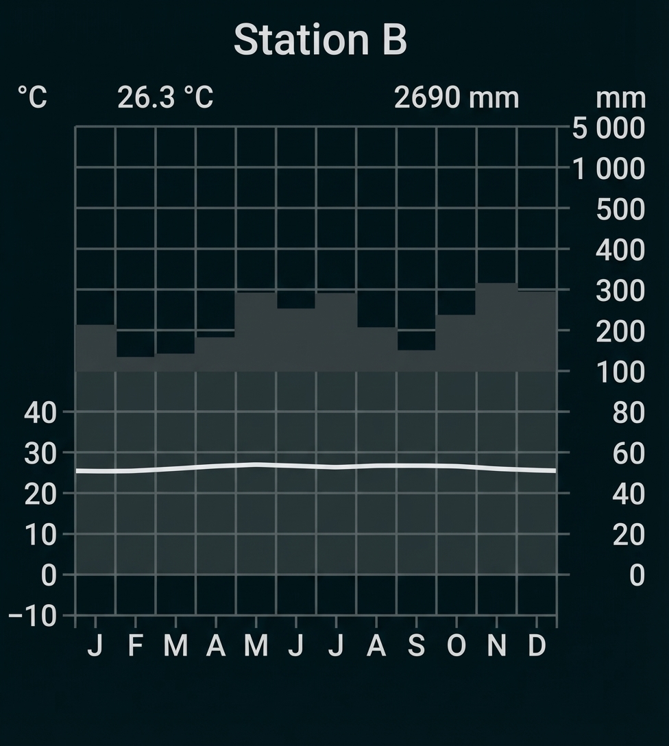 Station B: Monatsdiagramm mit Temperaturkurve (~26,3 °C) und Niederschlagsbalken (ges. 2690 mm)